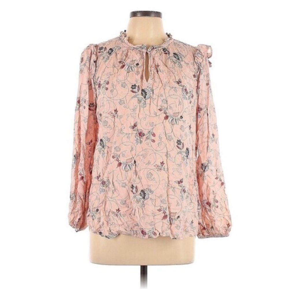 Loft Floral Ruffle Blouse Pink Size Medium Long Sleeve Swiss Dot Workwear